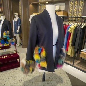 Harvey Faircloth Navy Wool Coat Dyed Fur Trim Open Front Winter Jacket Sz 6